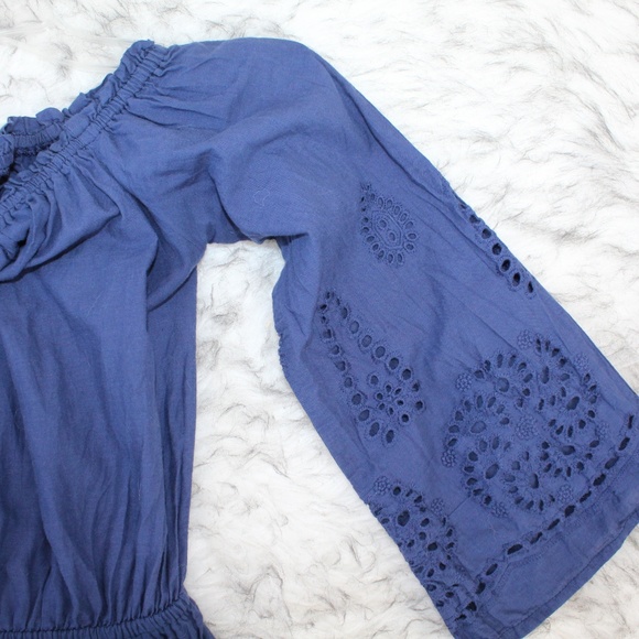 Rebellion Blue Eyelet Off The shoulder Romper - Picture 6 of 8